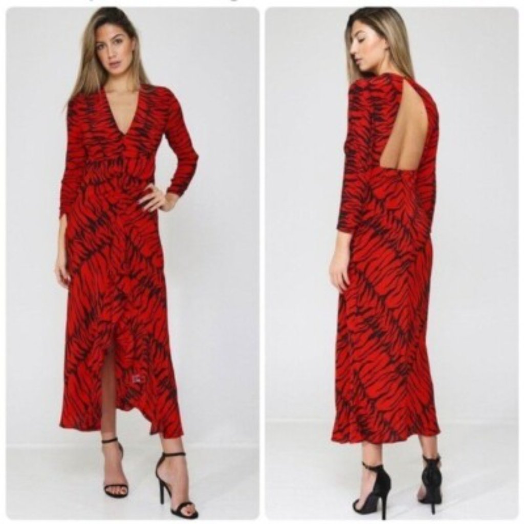 Rixo Adriana 100% Silk Animal Print Open Back Dress S